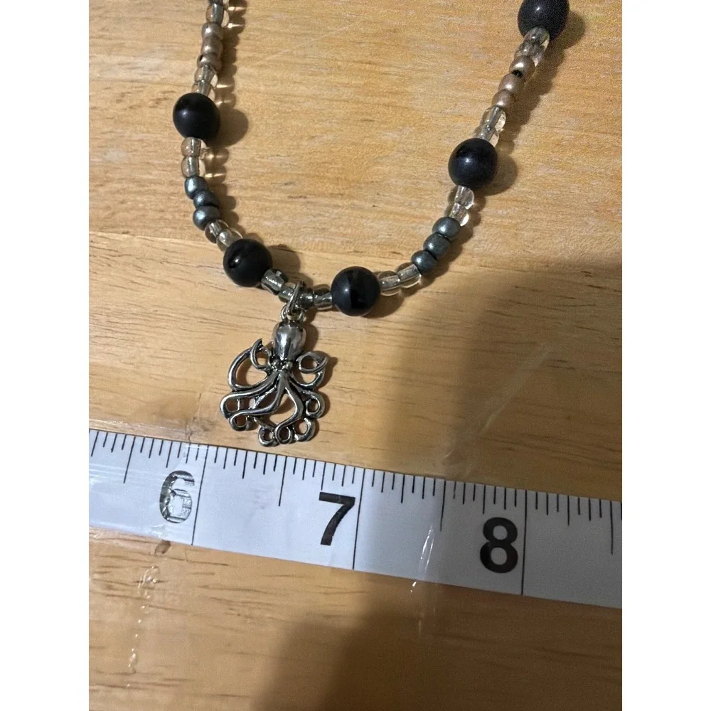 Octopus Charm Necklace Black Gray Beaded Pendant Ocean Themed Coastal Gift‎